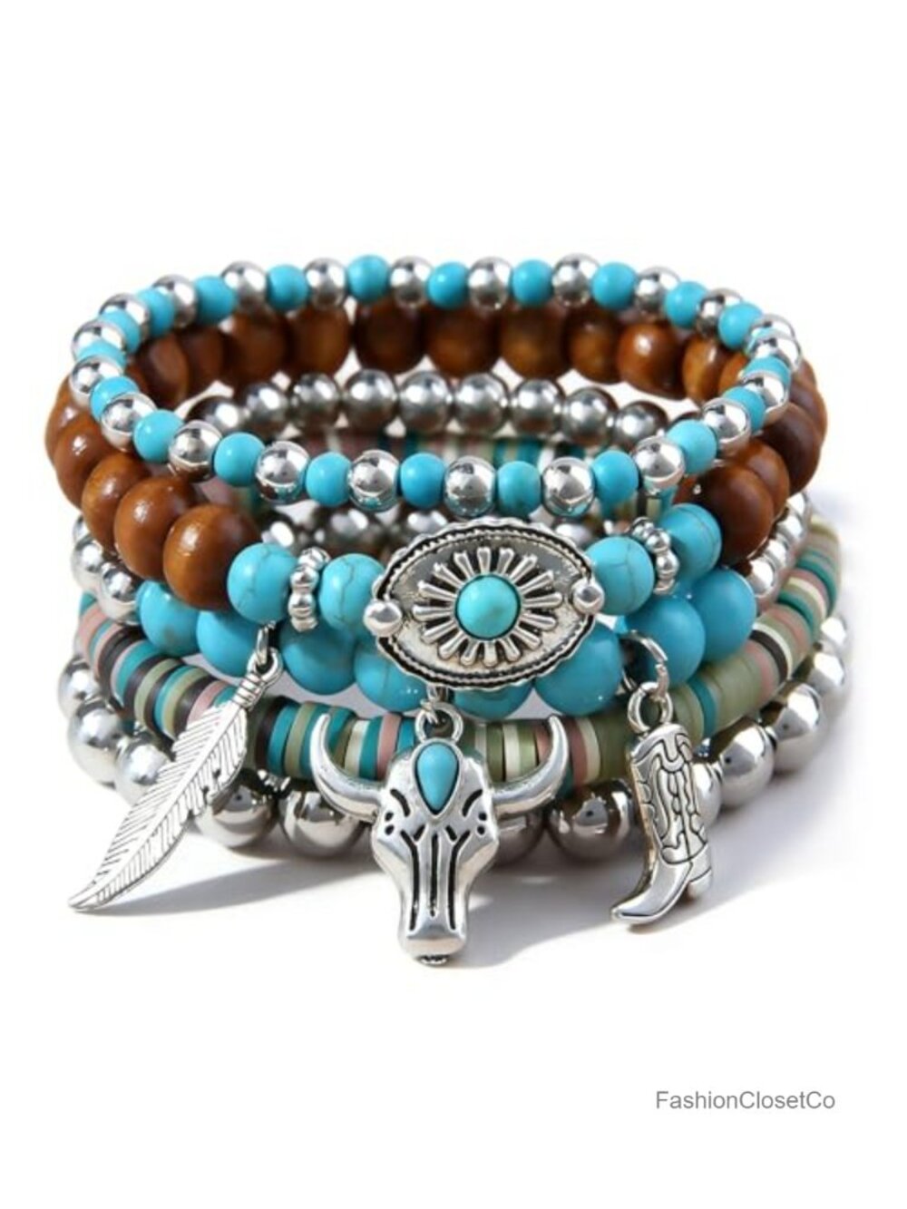 Western Turquoise Beaded Bracelet Stack - Handmade Stretch Set with Bull Skull,